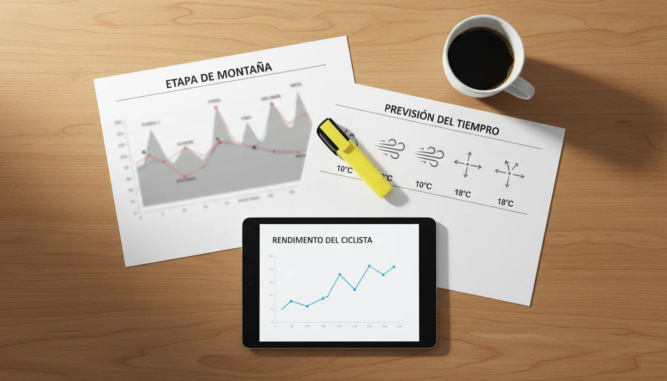 Ciclista profesional entrenando en carretera con documento de perfil de etapa y notas de análisis previo
