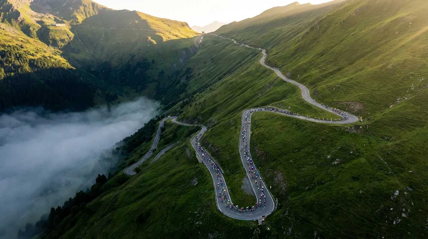 Vista aérea de una carretera de montaña con curvas ascendentes y un pelotón de ciclistas subiendo