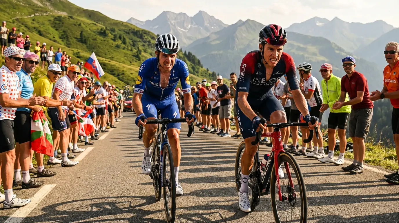 Dos ciclistas profesionales pedaleando codo con codo en una subida durante una etapa de montaña