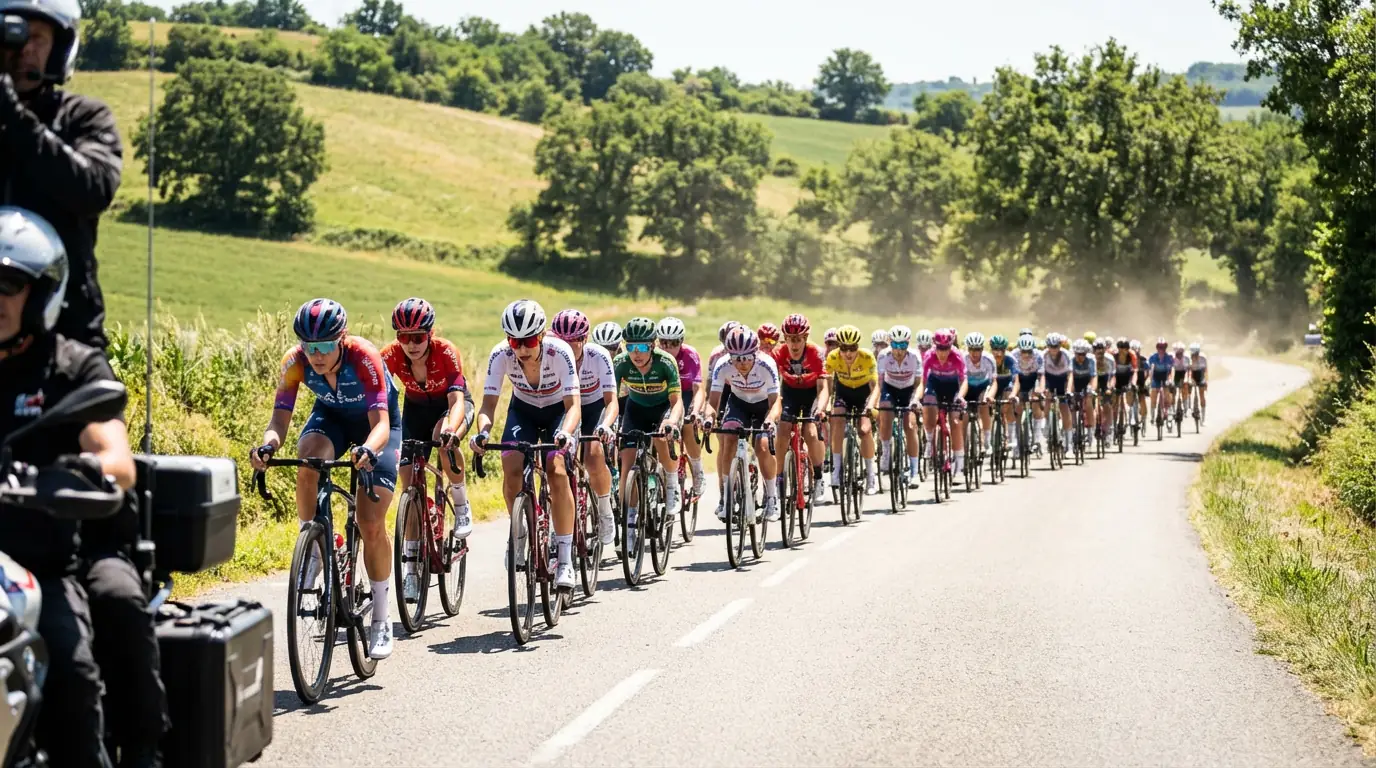 Grupo de ciclistas profesionales femeninas compitiendo en pelotón durante una carrera de ruta