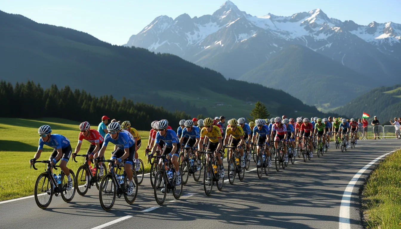 Pelotón ciclista profesional ascendiendo un puerto de montaña durante una etapa de alta montaña en una gran vuelta