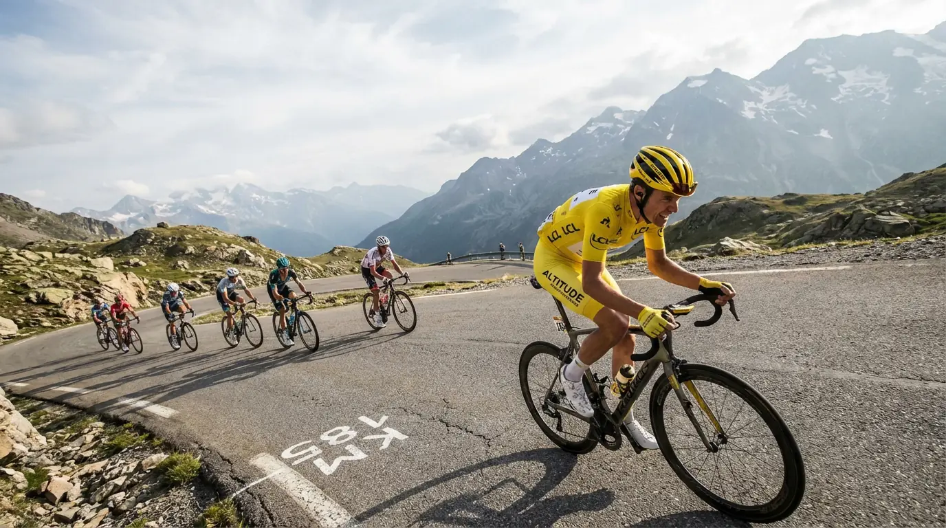 Ciclista con maillot de líder ascendiendo un puerto de alta montaña durante una gran vuelta