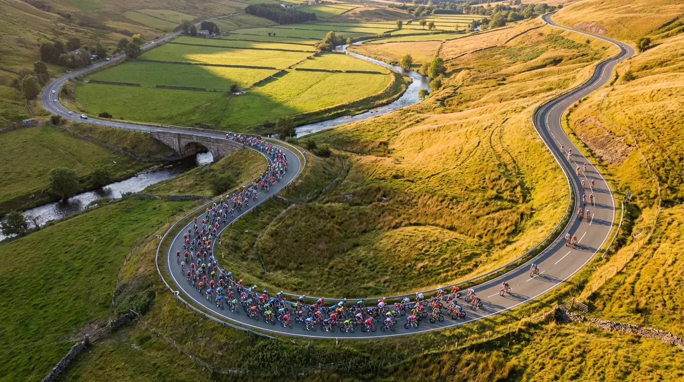Pelotón ciclista visto desde arriba con varias etapas de una gran vuelta representadas en la imagen