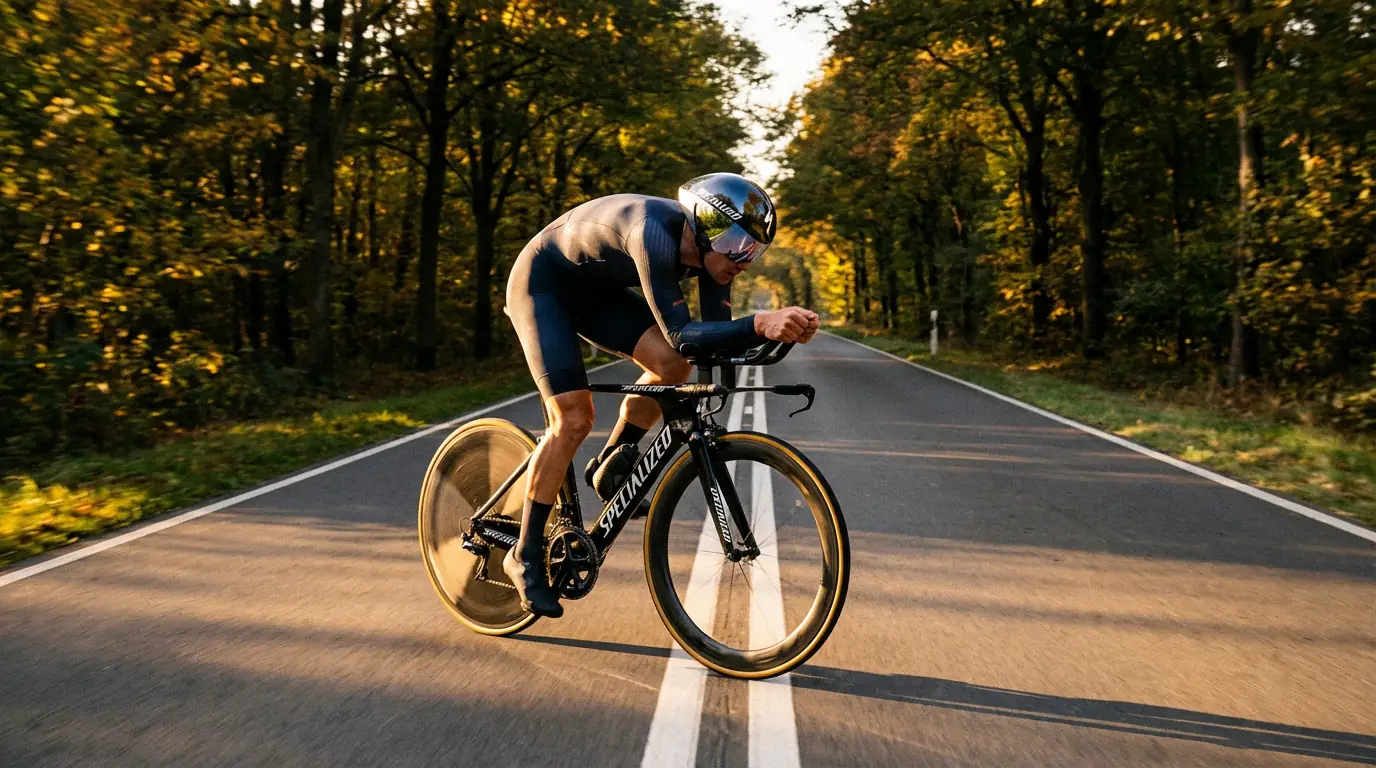 Ciclista profesional en posición aerodinámica sobre bicicleta de contrarreloj en una crono individual