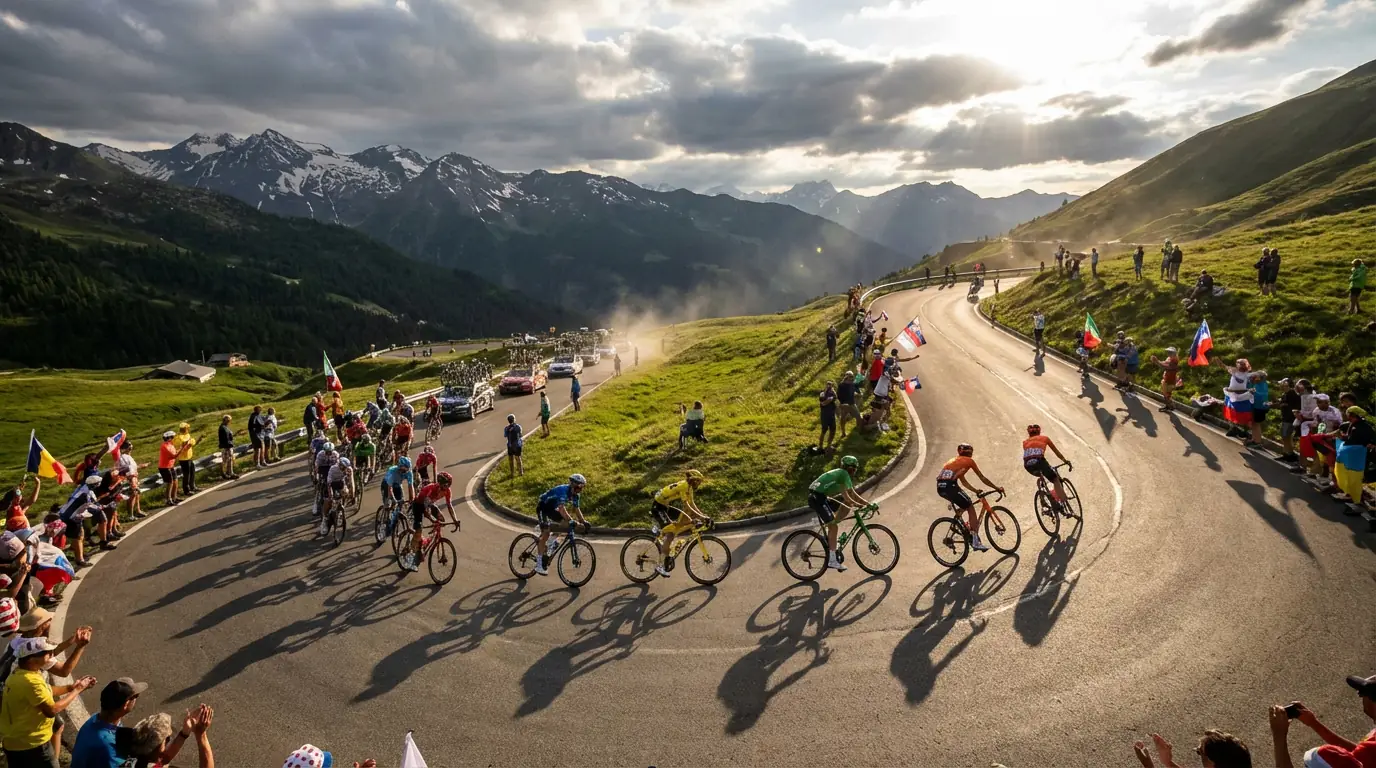 Ciclista ascendiendo un puerto de montaña con el pelotón detrás durante una etapa en vivo
