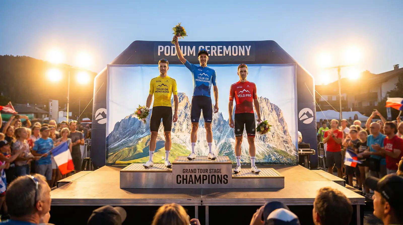 Tres ciclistas en el podio de una gran vuelta con trofeos y ramos de flores