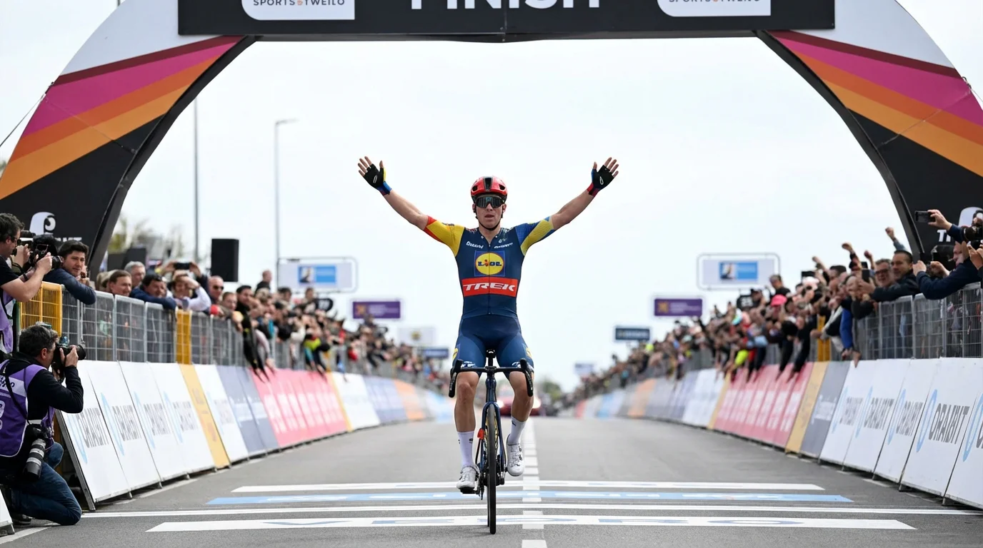 Ciclista cruzando la línea de meta en solitario con los brazos levantados celebrando la victoria de etapa