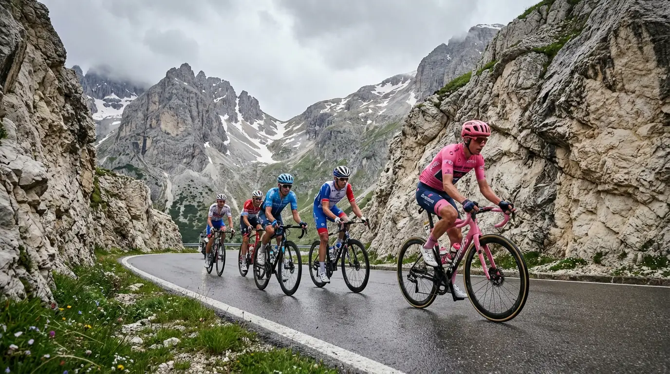 Ciclistas ascendiendo un paso de los Dolomitas en el Giro de Italia