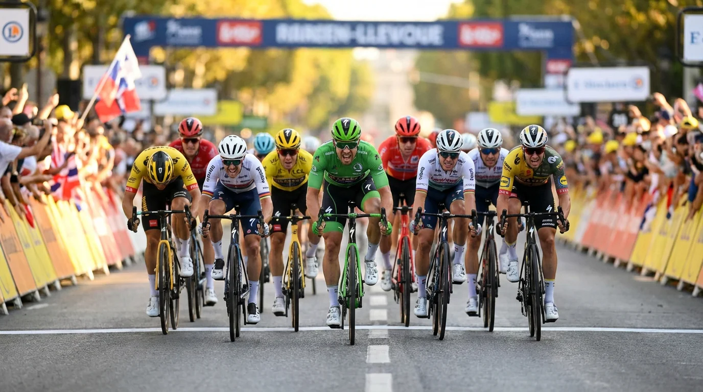 Sprint masivo de ciclistas llegando a meta en pelotón compacto lanzados a máxima velocidad