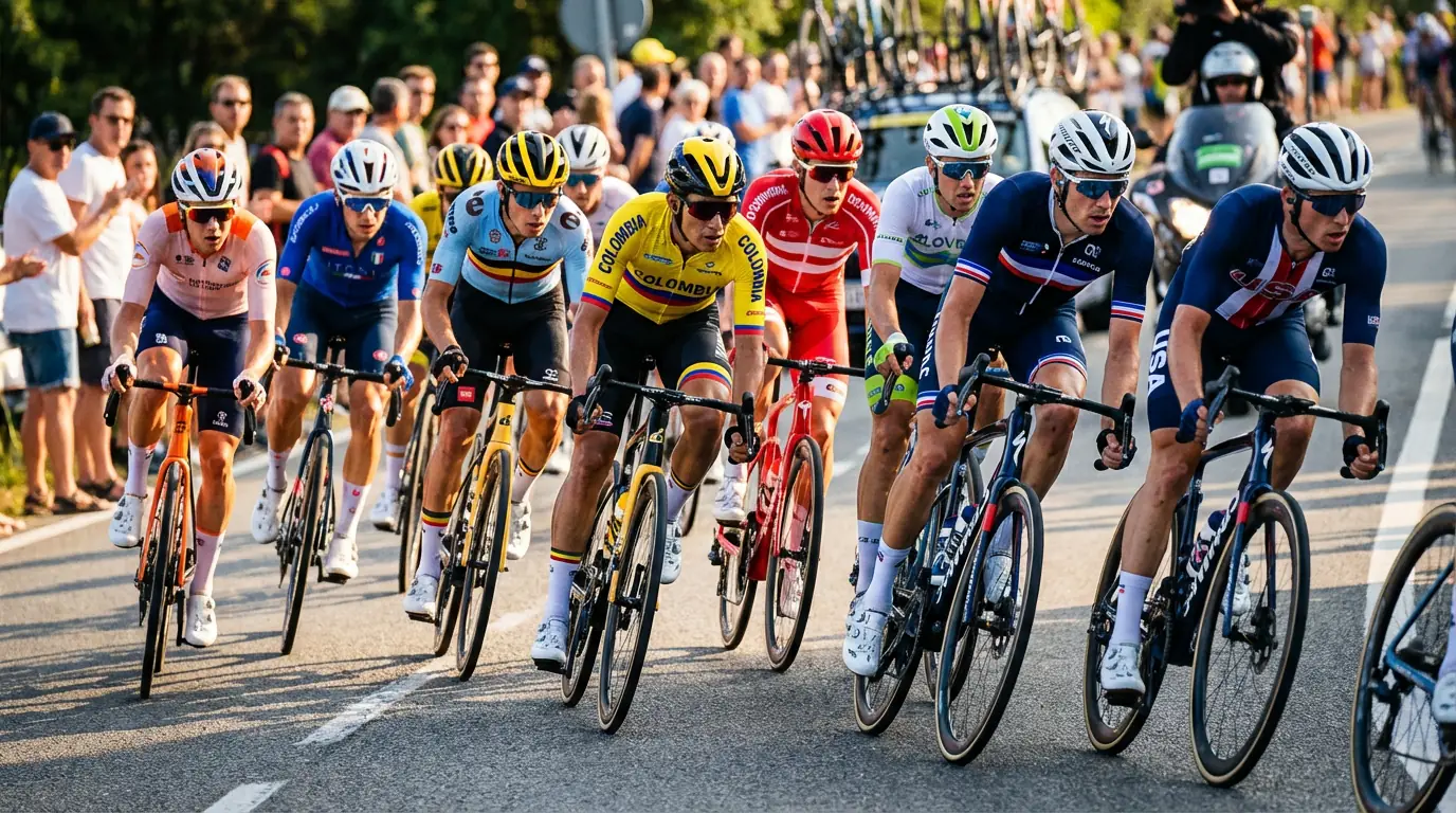 Ciclistas con maillots de selecciones nacionales compitiendo en el campeonato del mundo de ciclismo en ruta