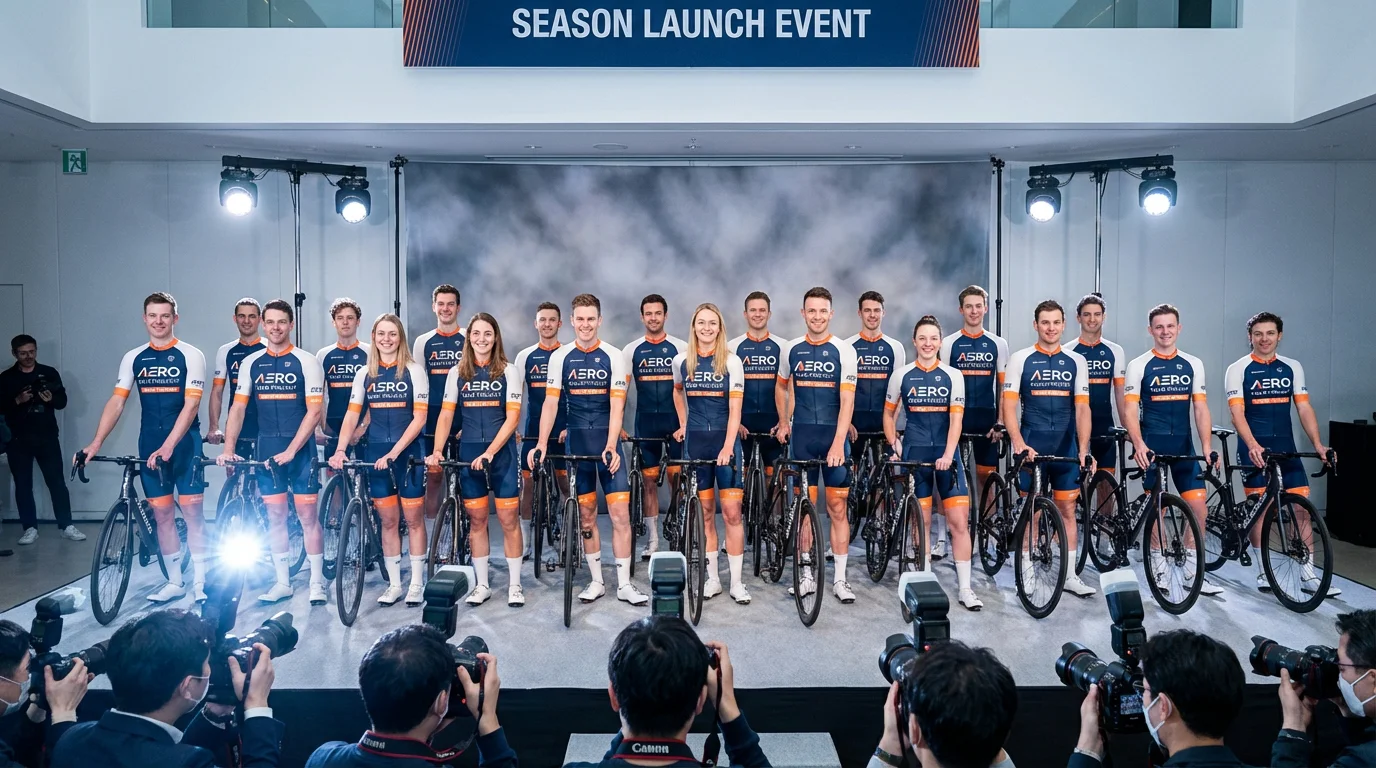 Equipo ciclista profesional presentando su alineación de temporada con bicicletas nuevas en un evento