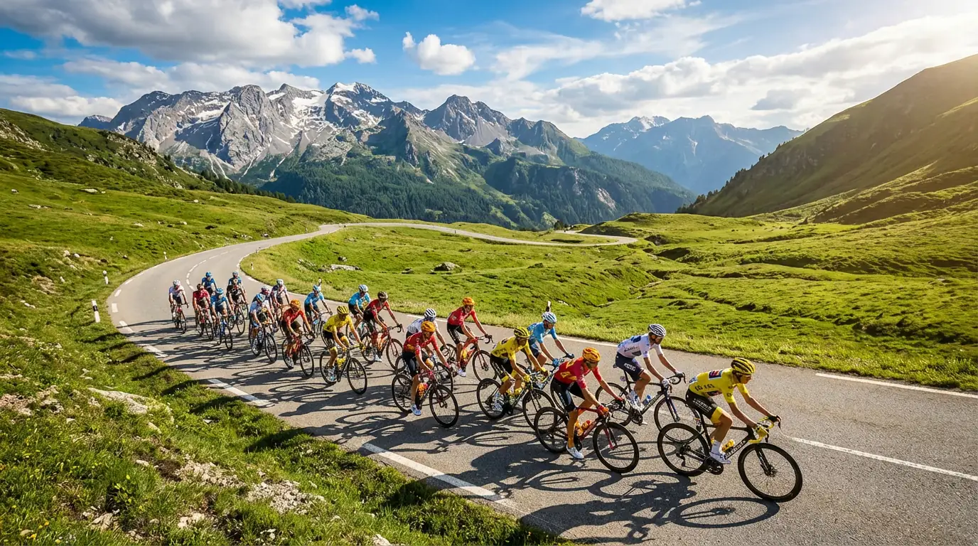 Pelotón del Tour de Francia ascendiendo un puerto de montaña