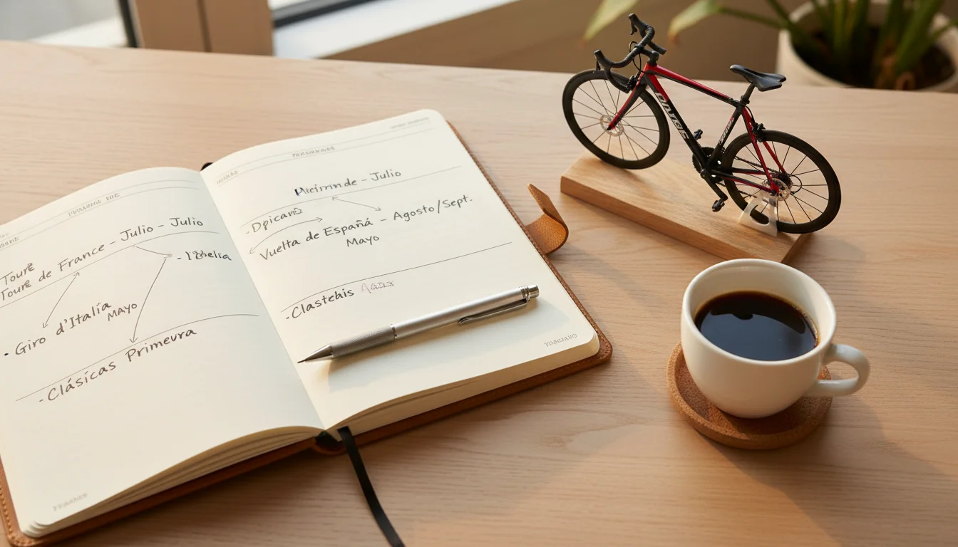 Bloc de notas con planificación de temporada ciclista y un bolígrafo sobre una mesa de madera