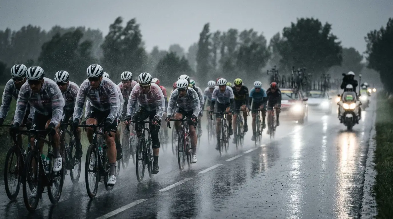 Pelotón de ciclistas rodando bajo lluvia intensa en una carretera mojada durante una carrera profesional
