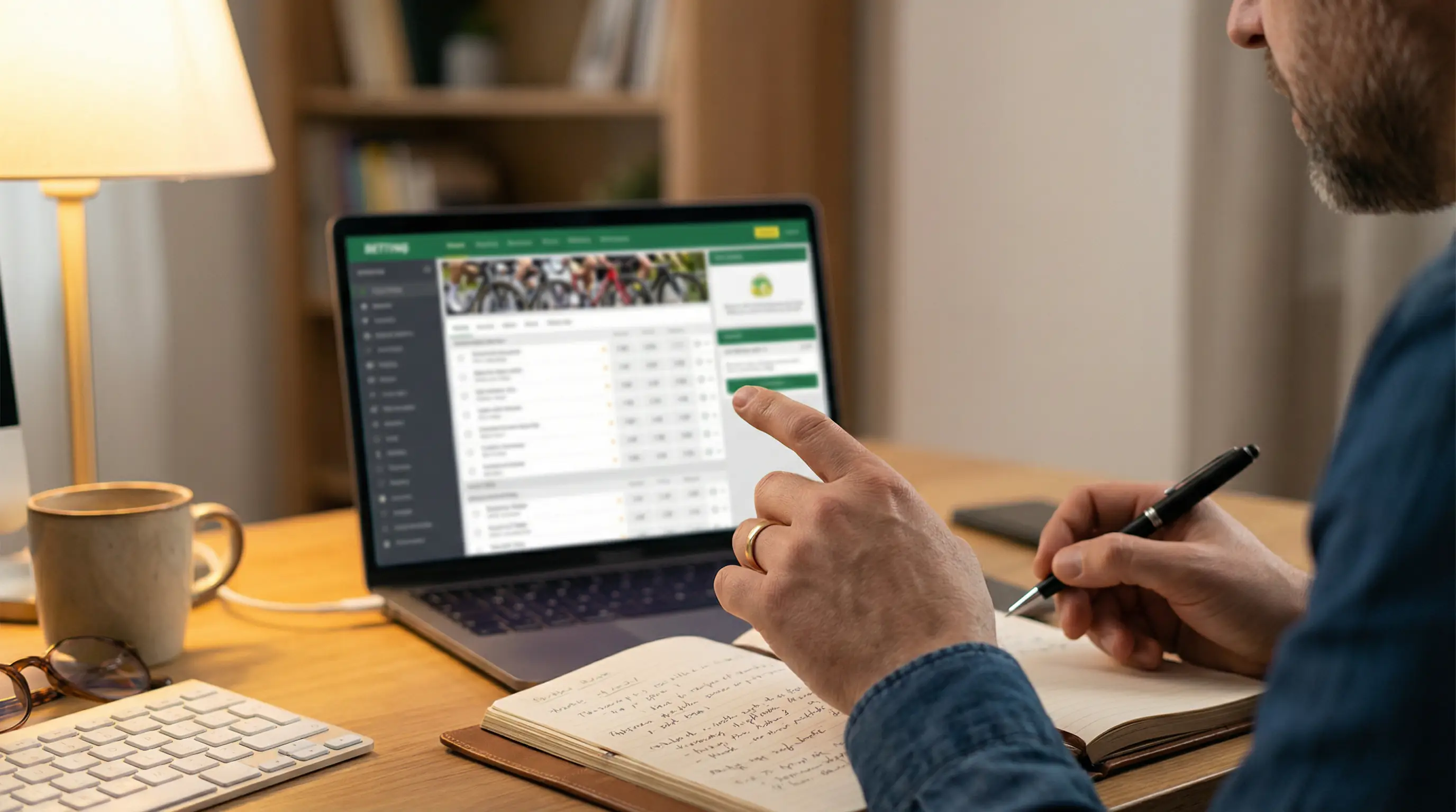 Primer plano de una pantalla mostrando cuotas de una carrera ciclista con un dedo señalando una línea