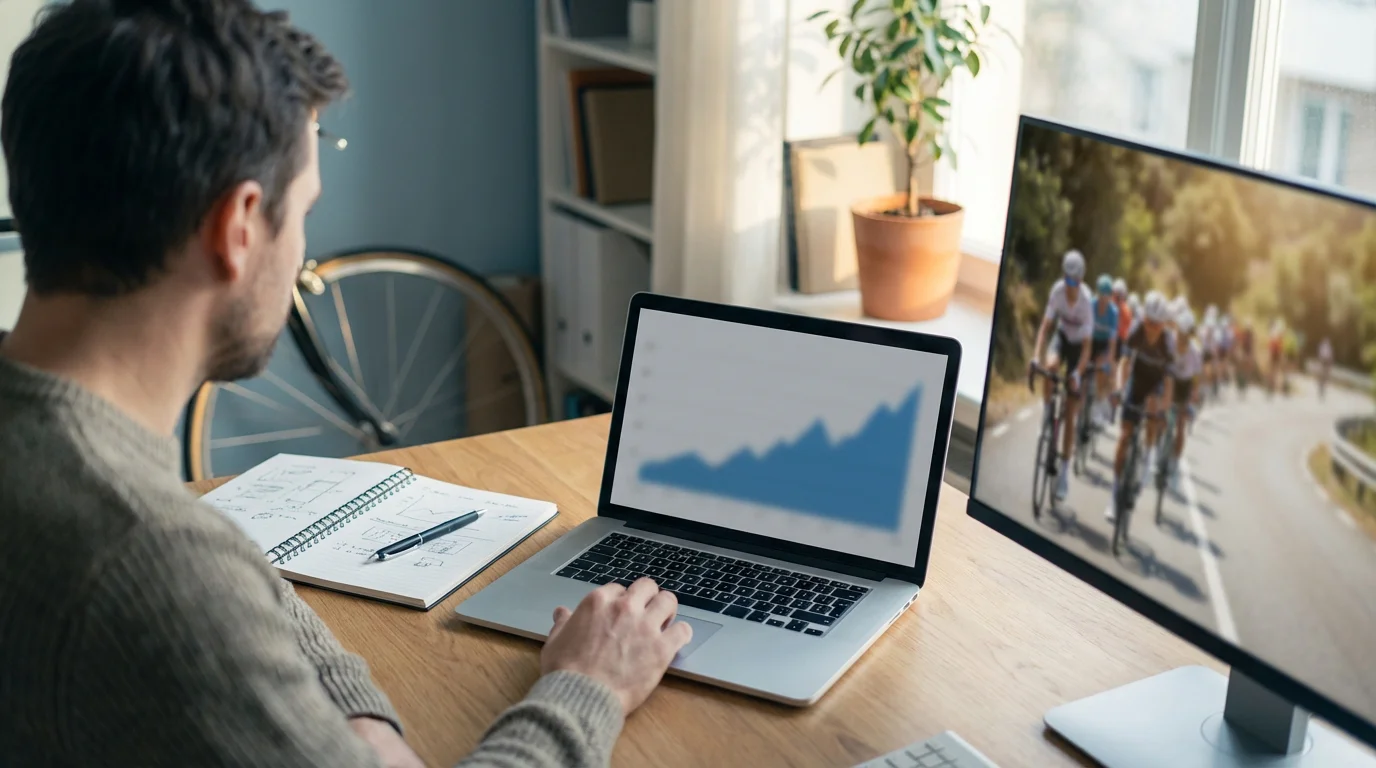 Persona analizando datos de rendimiento ciclista en una pantalla con un cuaderno de notas al lado