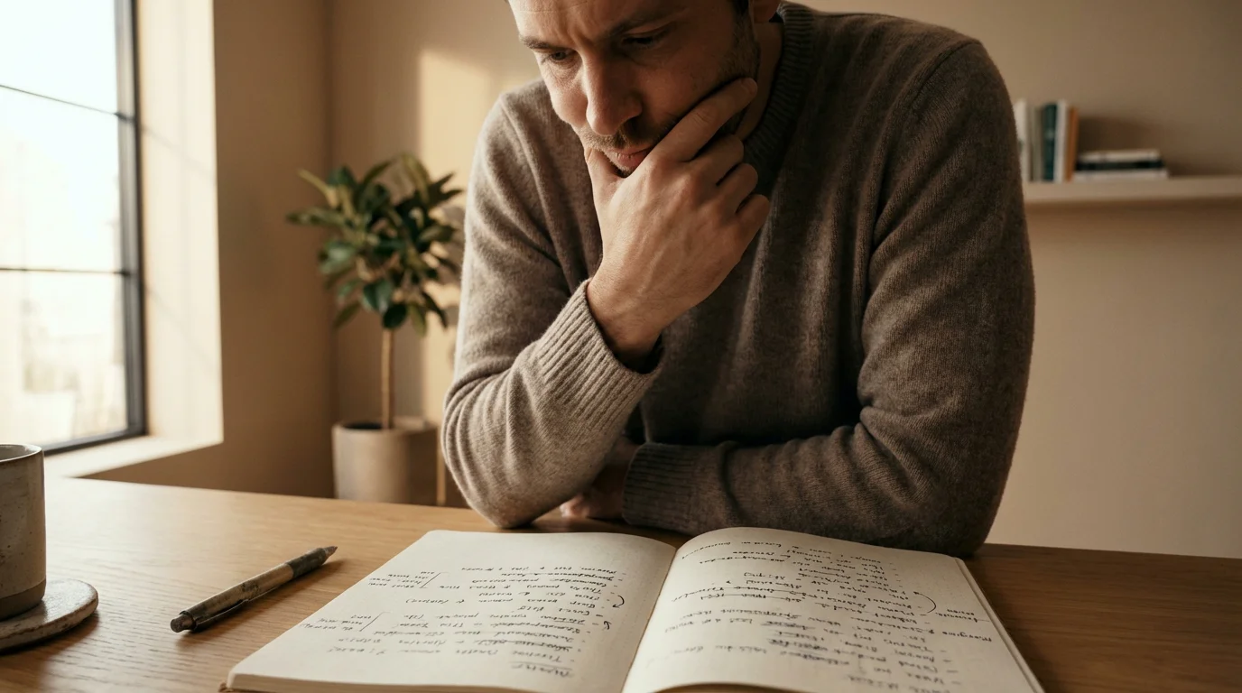 Persona pensativa analizando notas de apuestas con expresión reflexiva junto a un cuaderno abierto