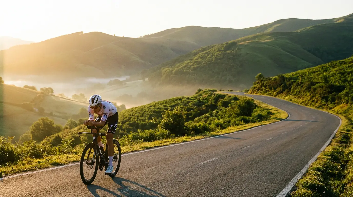 Ciclista profesional entrenando en solitario en una carretera de montaña al amanecer