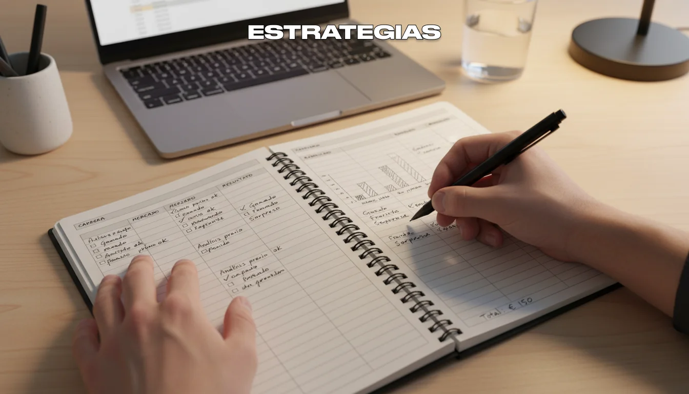 Persona planificando estrategias de apuestas de ciclismo con bloc de notas y gráfico simple de rendimiento