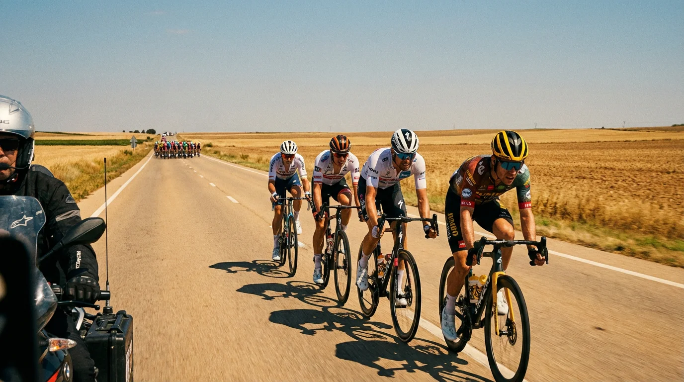 Pequeño grupo de ciclistas escapados pedaleando con ventaja sobre el pelotón en una carretera abierta