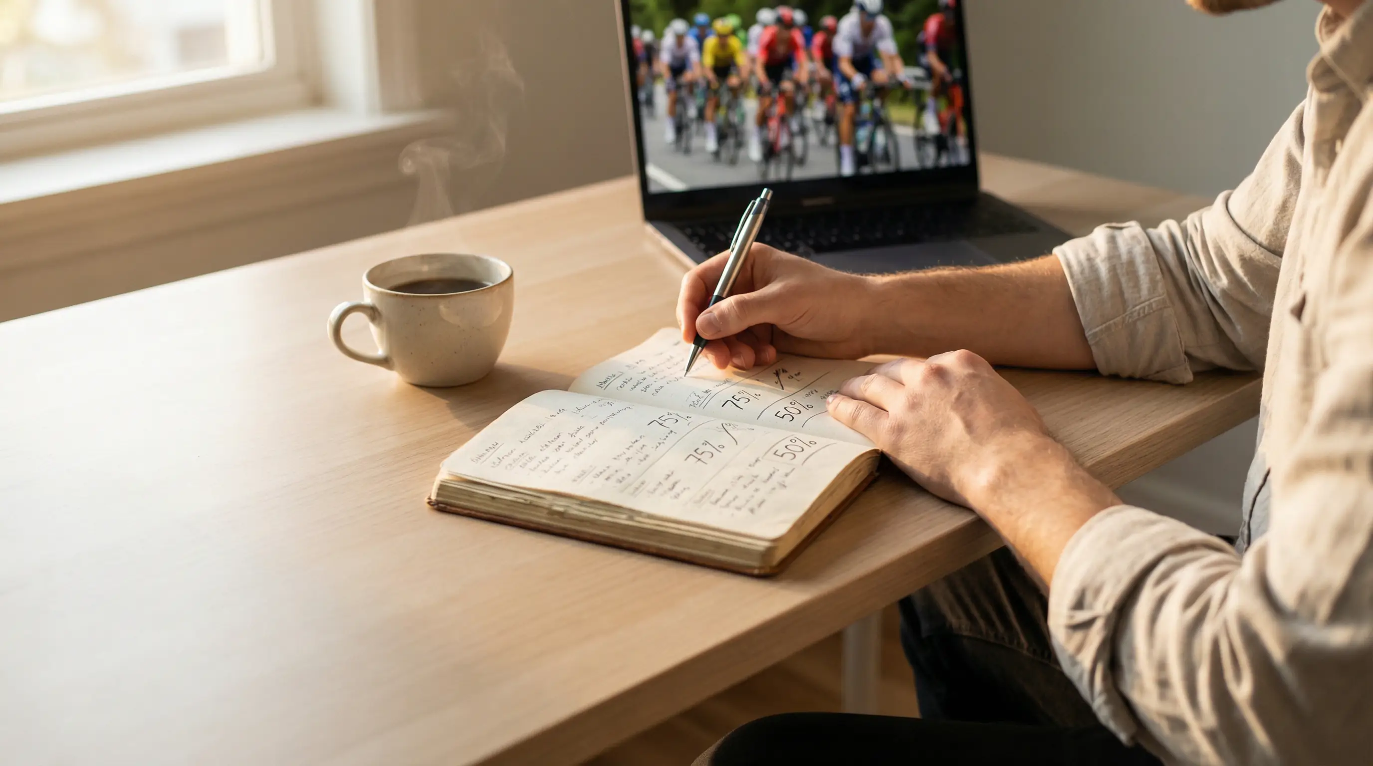 Persona planificando con un cuaderno abierto y notas de estrategia junto a una pantalla con una carrera ciclista