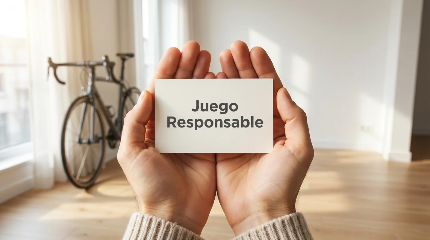 Manos sosteniendo un cartel con el símbolo de juego responsable junto a una bicicleta de carretera