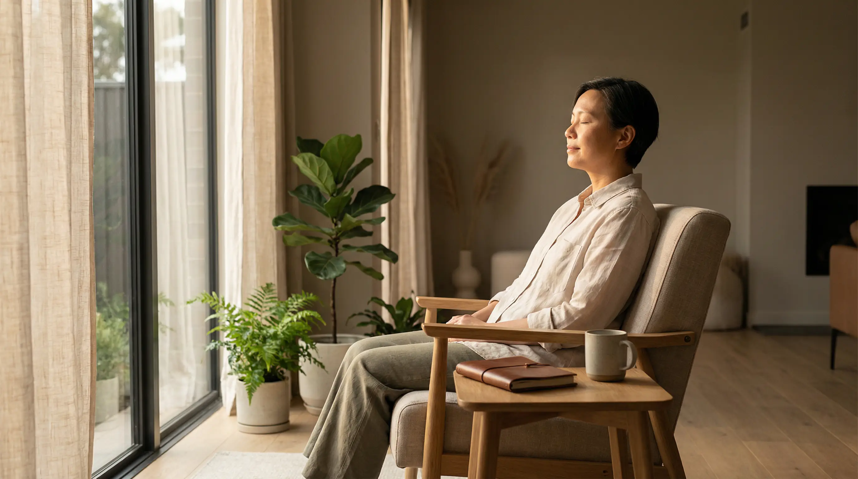Persona en calma meditando o reflexionando con los ojos cerrados junto a una ventana con luz natural