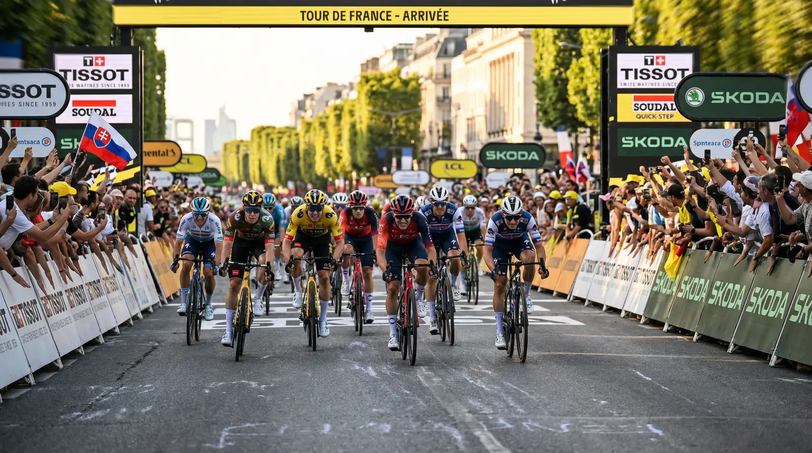 Velocistas ciclistas lanzando el sprint final en una etapa llana con el pelotón a máxima velocidad