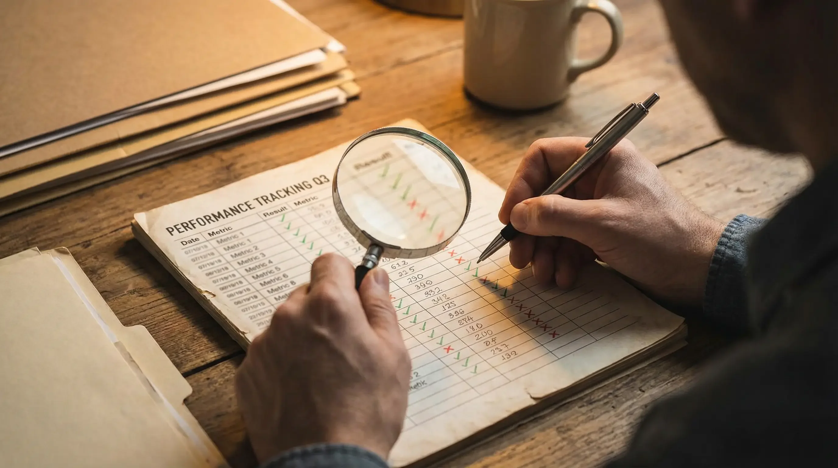 Persona revisando análisis de pronósticos ciclistas en un cuaderno con anotaciones detalladas