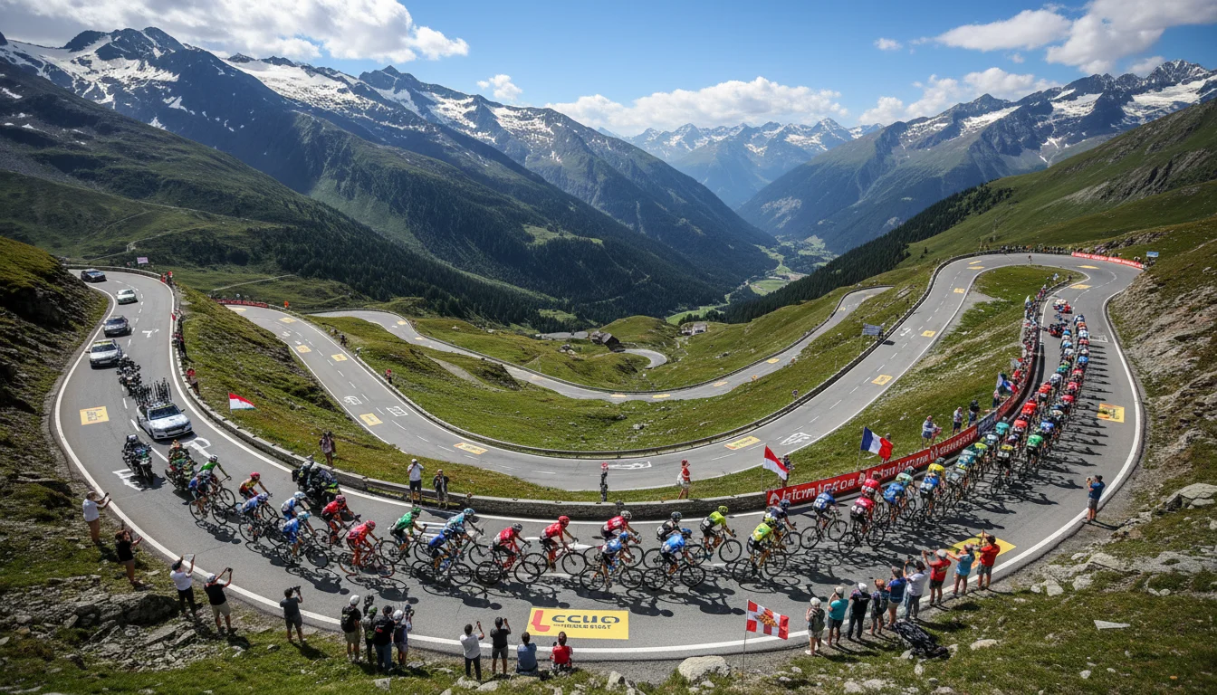 Pelotón del Tour de Francia rodando en grupo por una carretera de montaña con paisaje alpino