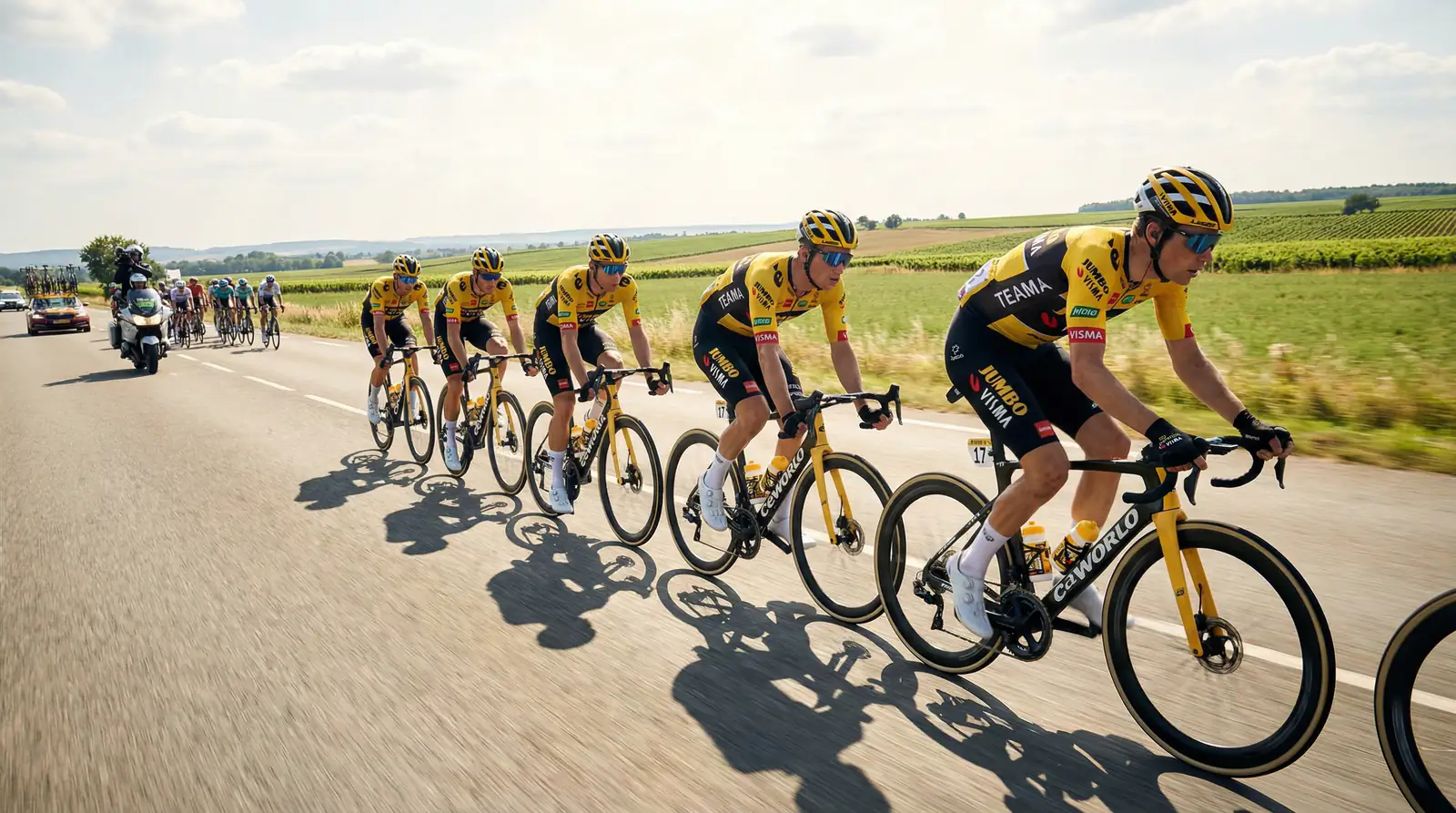 Equipo ciclista profesional rodando en formación compacta tirando del pelotón durante una etapa